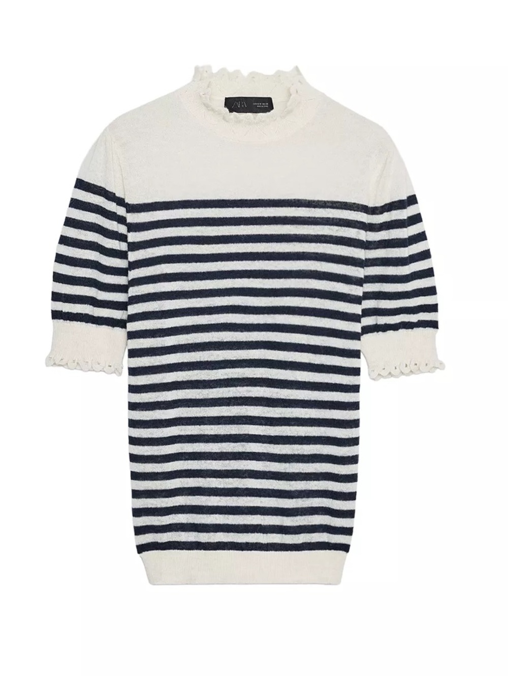 Zara Cream and Black Striped Ruffled Short-Sleeve Knit Sweater small